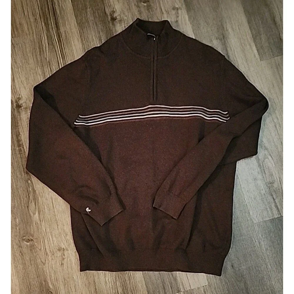 Eddie Bauer Mens Tall Large Sweater Brown 1/2 Zip Striped Mock-Neck Grandpa - Picture 7 of 8